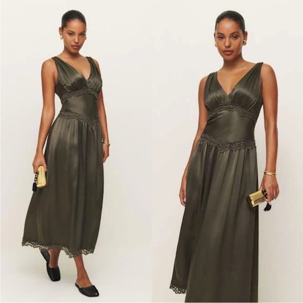 Reformation Olive Green Satin Midi Dress